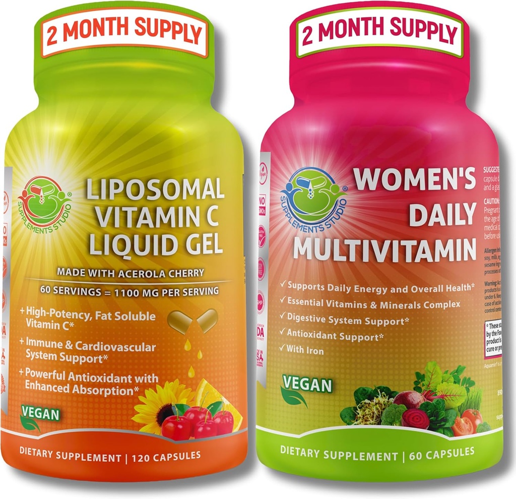 Immune Support Bundle – Liposomal Vitamin C 1100mg Liquid Gel Capsules with Organic Acerola Cherry & Vegan Women’s Daily Multivitamin with Iron – Non-GMO, Clean Daily Wellness Support