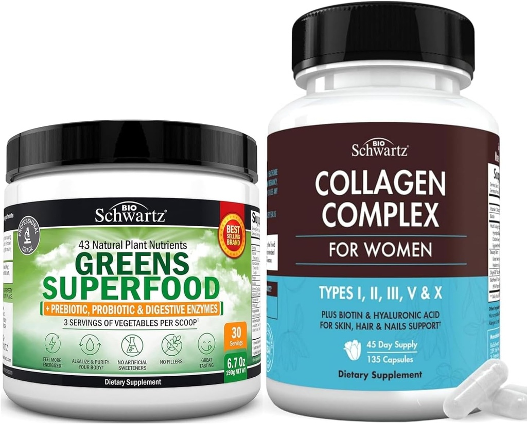 Super Greens Toz Probiyotiks Prebiyotiks ve Digestive Enzymes (30 Hizmet) Plus Hydrolyzed Collagen Peptide Capsules (45 Day Supply)
