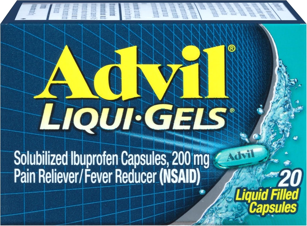 Advil Liqui-Gels Pain Reliever and Fever Reducer, Παυσίπονο για Ενήλικες με Ibuprofen 200mg για Πονοκέφαλο, Οσφυαλγία, Εμμηνορροϊκό Πόνος και Ανακουφιστικός Πόνου - 20 Υγρά Καψάκια Γεμάτα