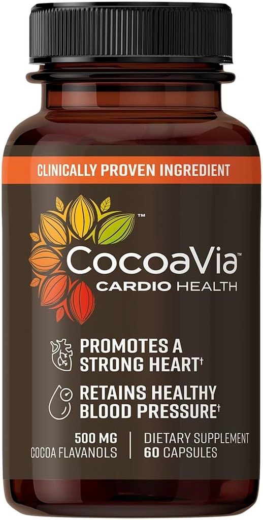 CocoaVia Cardio Health Supplement, 30 Day, 500mg Cocoa Flavanols, Support Heart Health, Boost Nitric Oxide, Blood Circulation, Energy, Vegan, Dark Chocolate, 60 Capsules