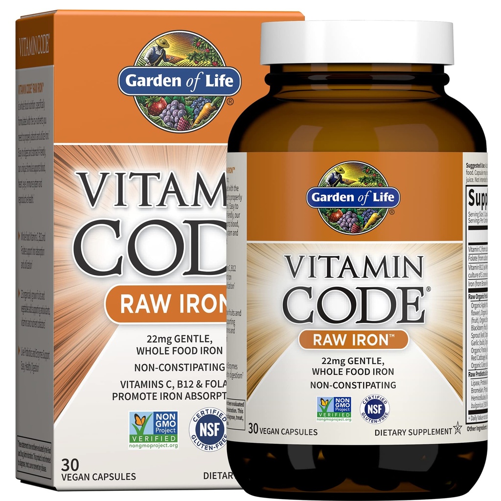 Life Vitamin Code Raw Iron Supplement - 30 Vegan Capsules, 22mg Once Daily Iron, Vitamins C, B12, Folate, Fruit, Veggies & Probiyotiks, Iron Supplements for Women, Energy & Anemi Supports