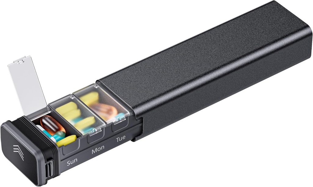 7 Dayly Metal Pill Organizer Travel, Kursoaya Premium Aluminium Daily Pill Box, Χαριτωμένο Φορητή θήκη Χάπια, Μεγάλος κάτοχος Χάπια Χωρητικότητας για Συμπληρώματα, Χάπια, Βιταμίνες, Ιατρική (Μαύρο)