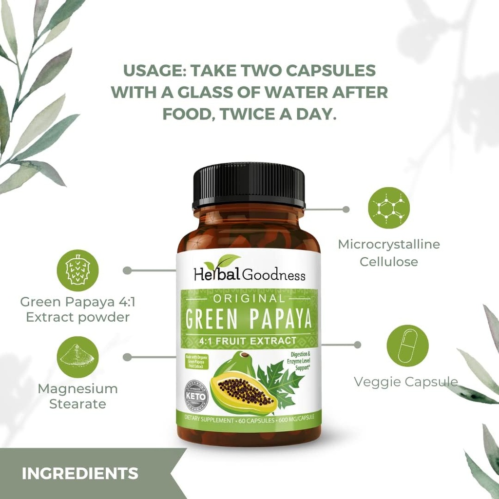 Green Papaya Capsules 4X Strength, Organik Papaya Leaf & Meyve Çekekleri, Digestive Health, Enzymes, Probiyotikler, Antisoxy - 600 mg, 60 Capsules, Case of 12 - Herbal Goodness
