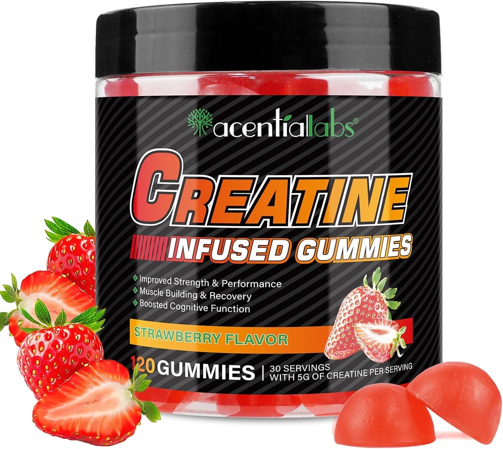 Cyhidrat Gummies 5000 mg for Men & Women, Kretine Monohidrat, L-Taurine, Vitamin B12 for Muscle growth, Strength, Focus, Energy & Health, Sugar Free, Vegan, Strawberry Flavor, 120 Count