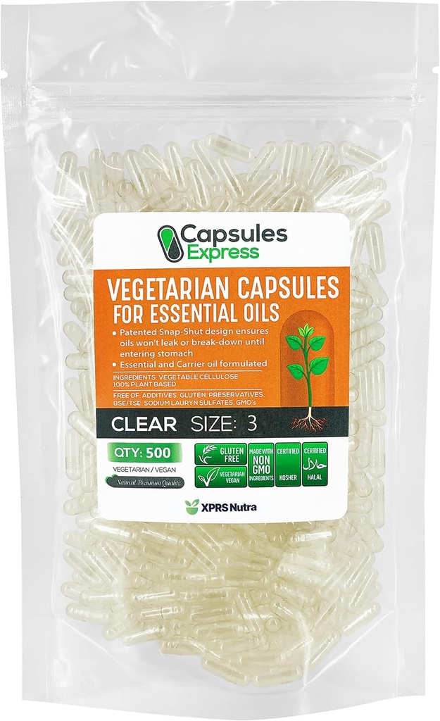 XPRS Nutra Boyutu 3 Boş Vegan Capsules - En Temel Yağlar için 500 Kont Clear Veggie Capsules - Boş Sebze Pilleri - DIY Oil