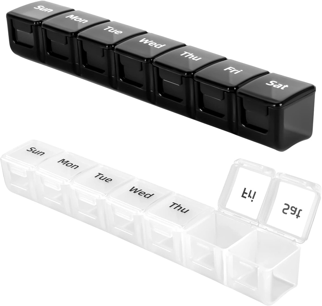 2 Pack Weekly Pill Organizer,Large ve Company Daily Pill Organizer, Portre Pill Box for Travel,Weekly Pill columns (Black + White)