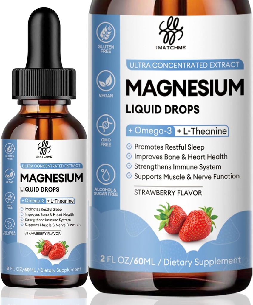 IATCHMME Magnezyum Glycinate Liquid Drop with Citrate, Hoffman ve Taurate, Calm Magnezyum with Omega3, L-Theanine, D3, B6, B12 for Calm, Sleep, Leg Cramps, Muscles, Energy, Sugar-Free Strawberry Flavor
