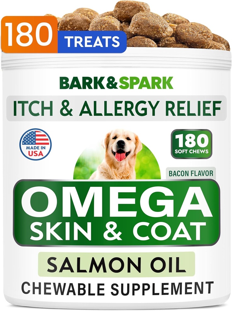 Ωμέγα 3 για σκύλους και γάτες - 180 Fish Oil Treats for Dog Shedding, Skin Allergy, Itch Relief, Hot Spots Θεραπεία - Κοινή Υγεία - Skin and Coat Συμπλήρωμα - EPA & DHA Λιπαρά Οξέα - Λάδι σολομού - Μπέικον