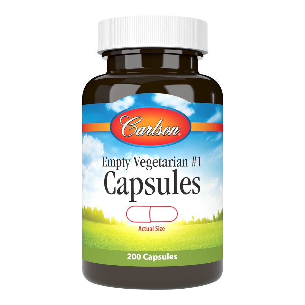 Carlson - Empty Vegetarian #1 Medium-Small Capsules, Easy to Separate & Fill, with Screw Cap Bottle, 200 Capsules
