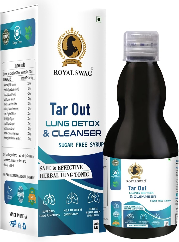 ROYAL SW Ayurveda Tar Out Syrup Lungs Detox Sugar Free (200 ML) Lungs'tan Tar Çıkarır ve Hava Kirliliği Herbal Syrub'un Lung ve Mucus'tan Toxins'i Çıkarması için