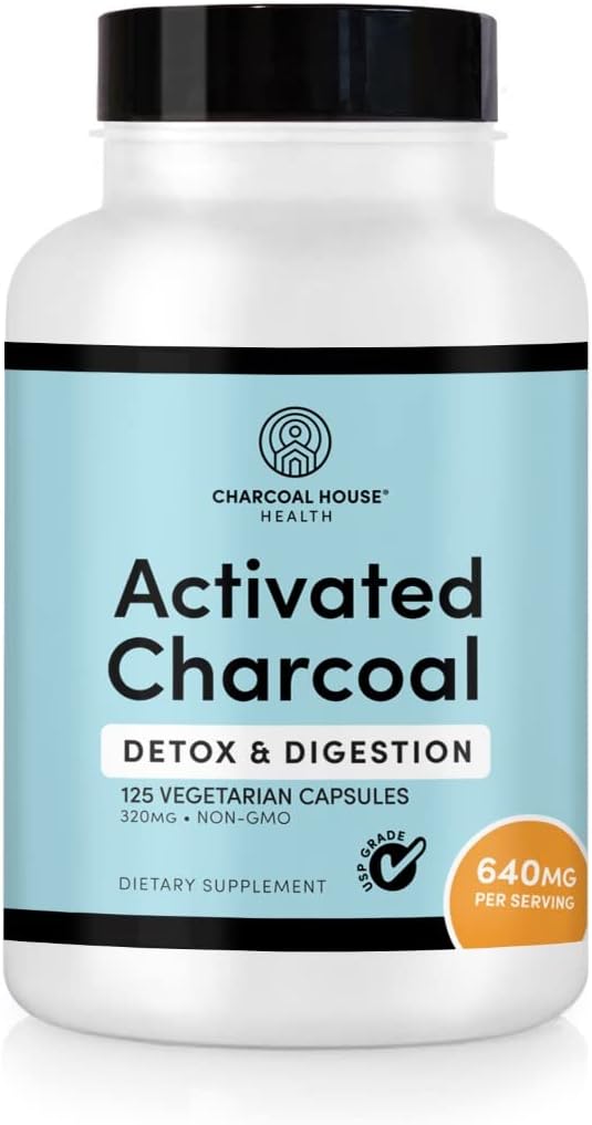 Charcoal House, Yetişkinler için Charcoal Capsules'i aktif olarak destekliyor | Doğal, Vegan, Non-GMO & Gluten Free | USP Charcoal Pills for Stomach Cleanse, Health Digestion, Gas & Nausea | USP Medical Grade | 125 ct.