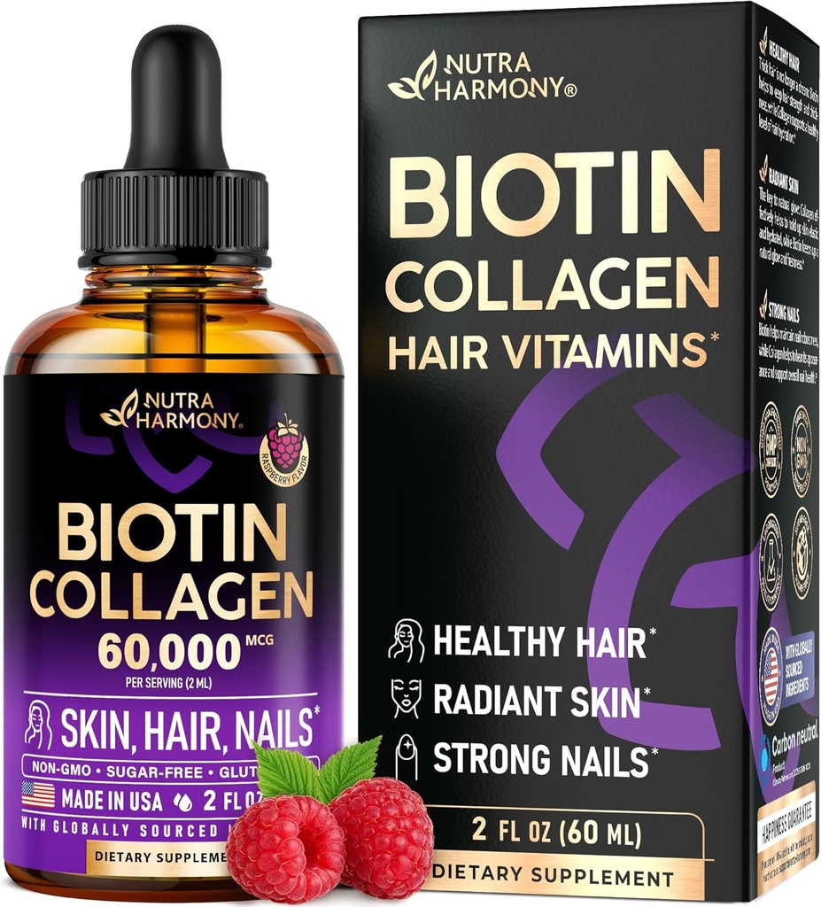 Sıvı Biotin & Collagen - Kadınlar ve Erkekler için Saç Büyüme Desteği için Vitaminler - Ekstra Güçlü 60000 mcg Drops - B7 Tamam - Güçlü Nails & Sağlıklı Skin - 98 Faster Abxia Pil Thanls