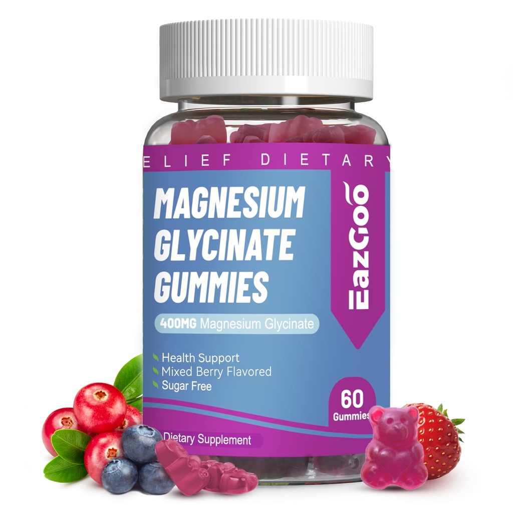 Glycinate Gummys Μαγνήσιο 400mg με L-Θρεονίνη 200mg - Συμπλήρωμα χωρίς ζάχαρη Μαγνήσιο Κάλιο με Βιταμίνη D, B6, CoQ10 για Μύες - 60 Αναμεμειγμένο μούρο Γεύση Gummies