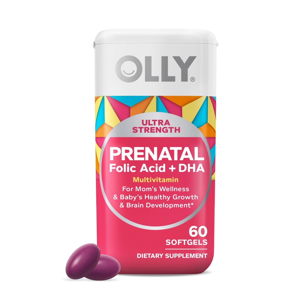 OLLY Ultra Strength Prenatal Multivitamin Softgels, Sağlıklı Büyümeyi Destekler, Beyin Gelişimi, Demir, Folic Asit, DHA, Vitaminler C, E, 30 Day Supply-60 Count Count Count