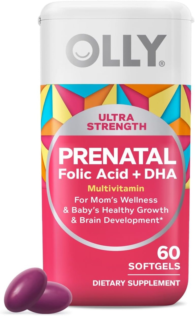 OLLY Ultra Strength Prenatal Multivitamin Softgels, Sağlıklı Büyümeyi Destekler, Beyin Gelişimi, Demir, Folic Asit, DHA, Vitaminler C, E, 30 Day Supply-60 Count Count Count