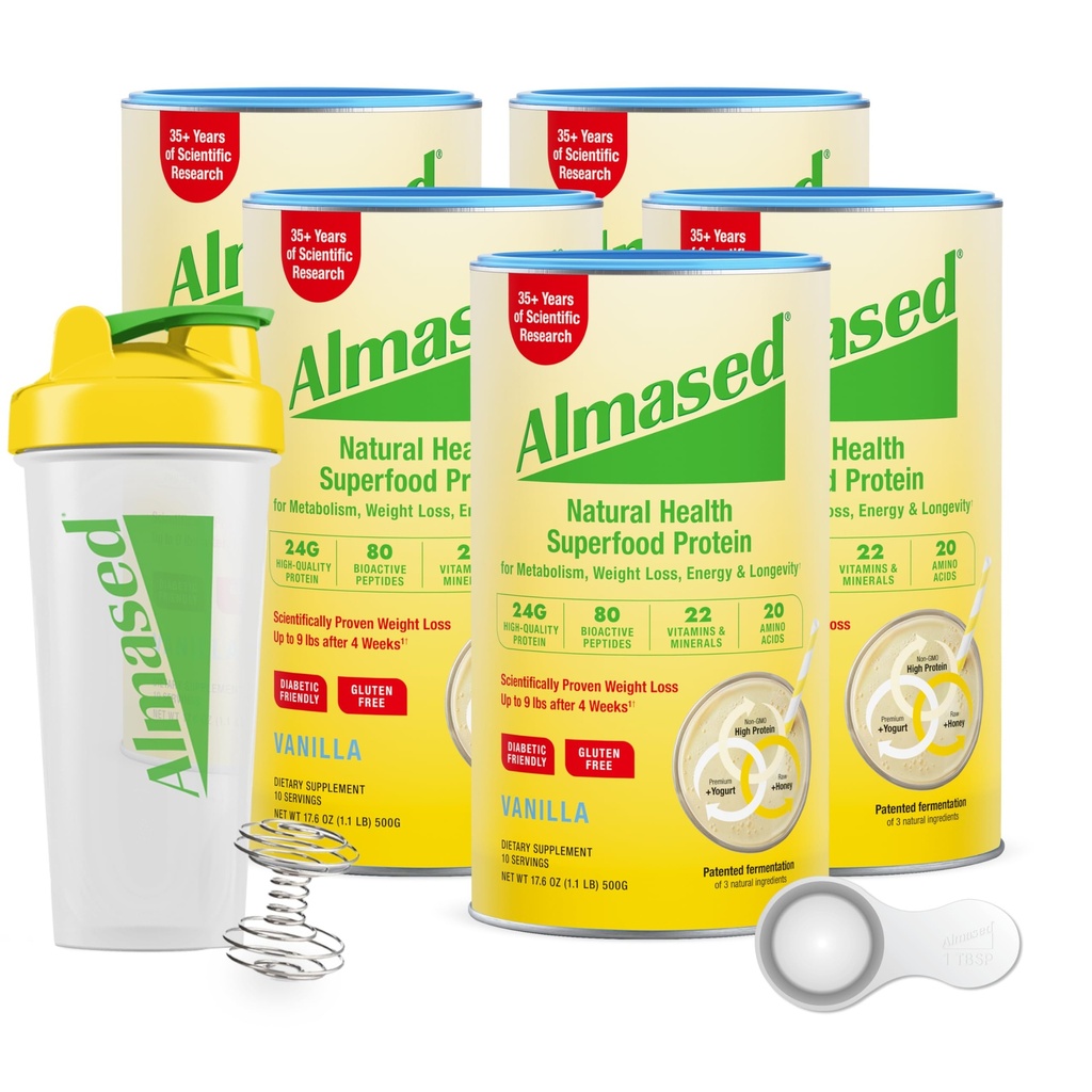 Almased | Yüksek Protein Shakes | Meal Change Shake | MealChange Toz for Kilo Kaybı için Shaker Şişe (Vanilla Flavor, 5 Cans of 17.6 oz + Scoop)