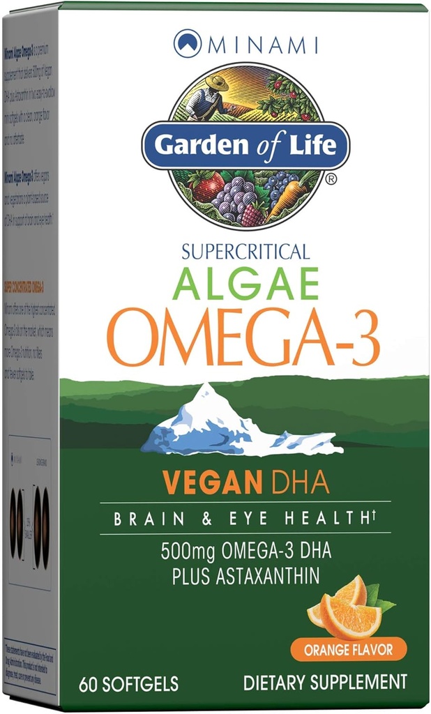Life Minami Algae Omega 3 Vegan DHA Beyin ve Göz Sağlığı için - Orange Flavor, 500 mg Plant Temel DHA Omega-3 Vegan Algae Oil Plus Astaxanthin, No Aftertaste, 60 Easy-to-Swallow Mini Softgels