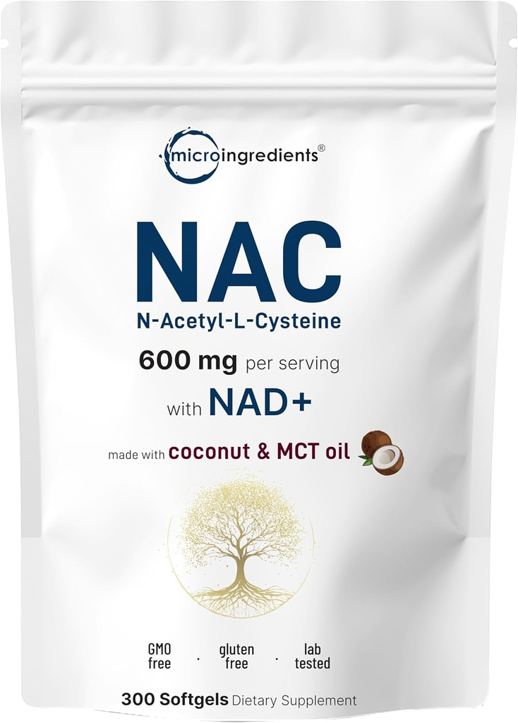 NAC 600mg with NAD+, 300 Softgels | N-Acetyl L-Cysteine + Nicotinamide + MCT Oil | Cellular Energy & Antioxidant Support | Clean Label, Non-GMO