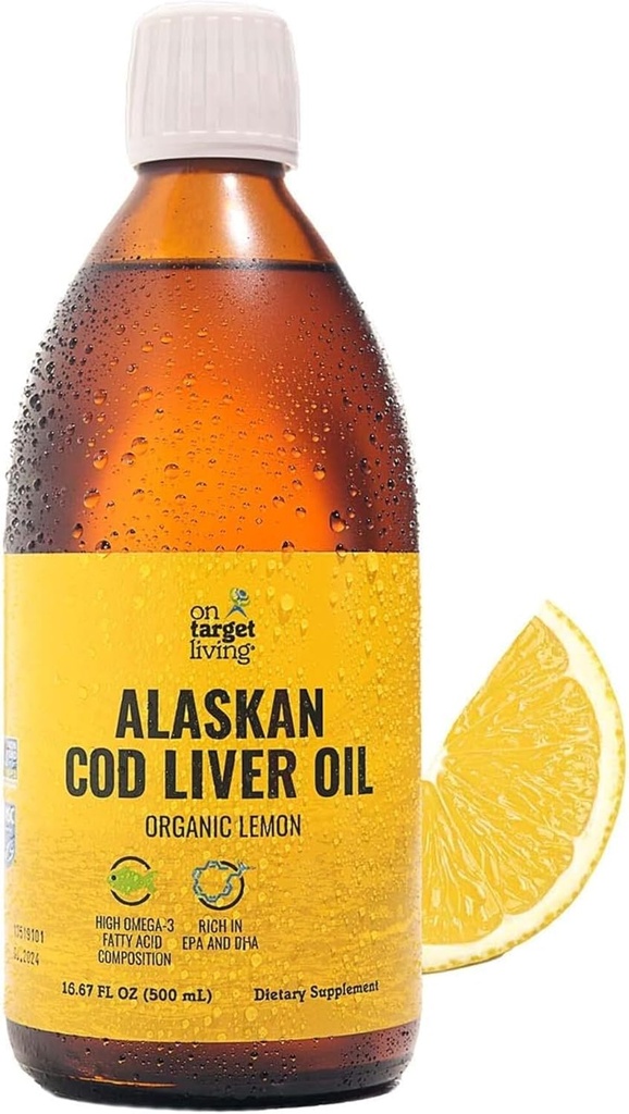 Target Living Alaskan Cod Liver Oil Liquid | Organik Lemon Flavor 16.67 oz | Line Caught in the USA | Natural Occurring Vitamin D | Rich in 3 DHA/EPA | Non-GMO Project Sertifikalı
