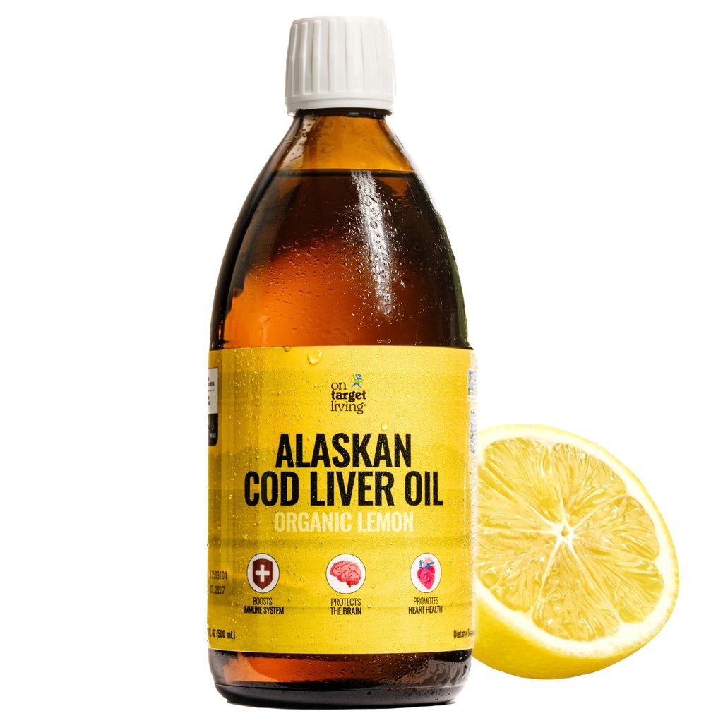 Target Living Alaskan Cod Liver Oil Liquid | Organik Lemon Flavor 16.67 oz | Line Caught in the USA | Natural Occurring Vitamin D | Rich in 3 DHA/EPA | Non-GMO Project Sertifikalı