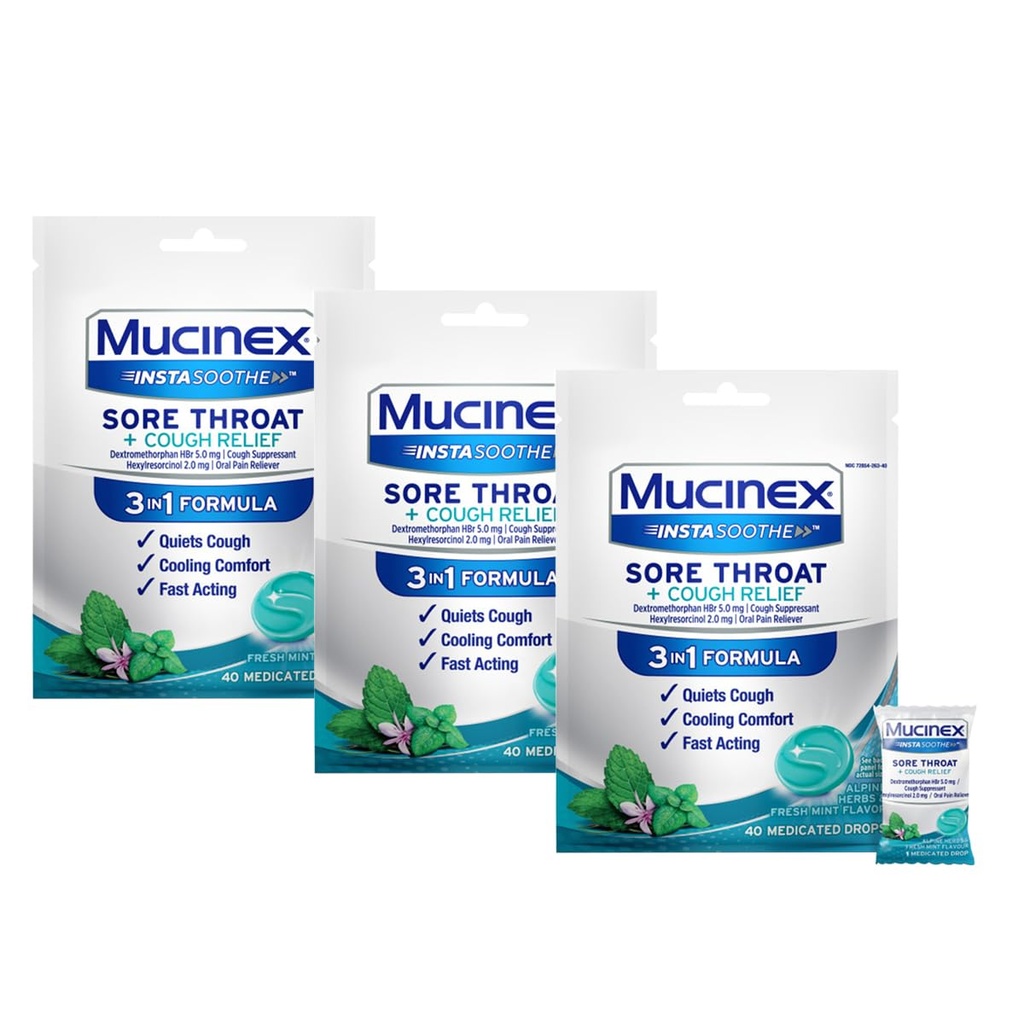 Mucinex InstaSoothe Sore Throat + Cough Relief Alp Herbs & Mint Flavor, Fast Acting, Soğutma Comfort, Güçlü Sore Throat Oral Pain Reliever, 40 Medicated Drops (40 Kont)