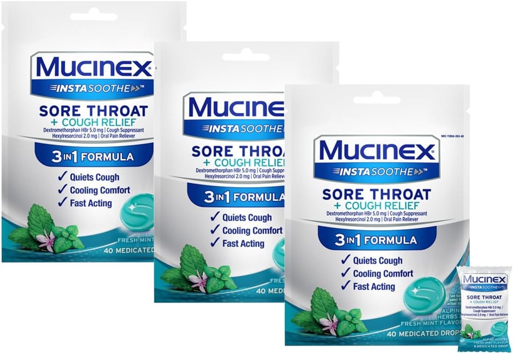 Mucinex InstaSoothe Sore Throat + Cough Relief Alpine Herbs & Mint Flavor, Fast Acting, Cooling Comfort, Powerful Sore Throat Oral Pain Reliever, 40 Medicated Drops (40 Count (Pack of 3))