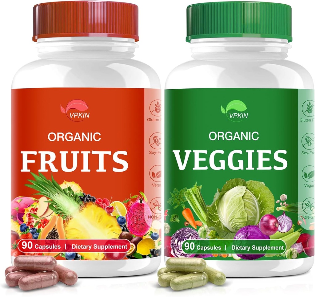 Βιολογικά φρούτα και λαχανικά συμπλήρωμα, Superfood κάψουλες βιταμίνης που γίνονται με ολόκληρα τρόφιμα και λαχανικά για την ενίσχυση της ενέργειας, Vegan, Non-GMO,Gluten-free (90 κάψουλες)