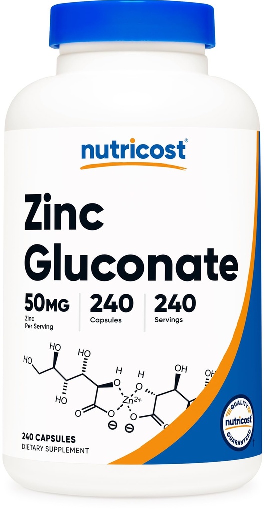 Γλουκονικός ψευδάργυρος Nutricost 240 κάψουλες χορτοφάγων (50mg) - Χωρίς γλουτένη και μη ΓΤΟ