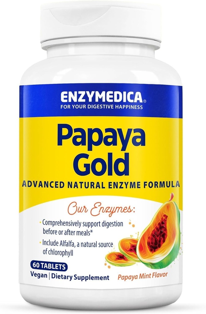 Enzymedica Papaya Gold, Advanced Digestive Enzymes with Natural Organic Papaya & Chlorophyll for Comprehensive Digestion Support, High Potency Bromelain & Papain, Vegan, Mint, 60 Chewable Tabletler
