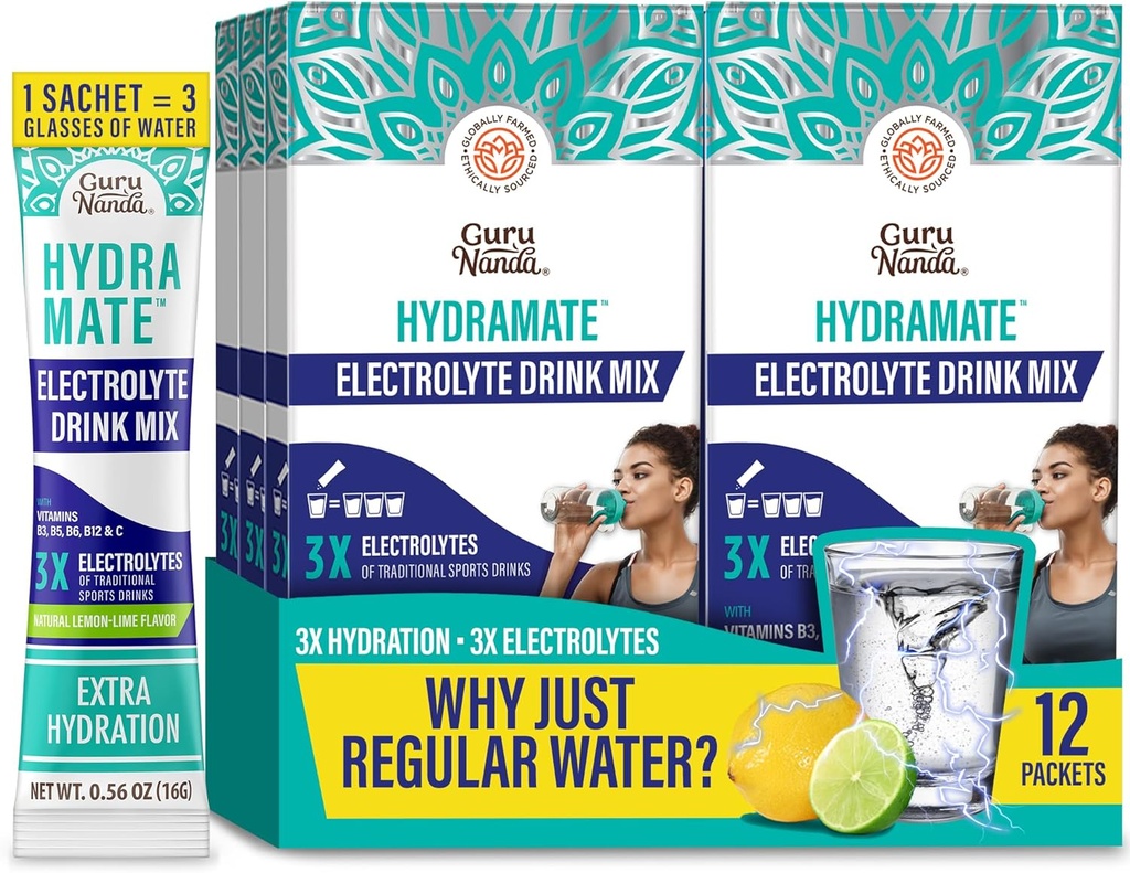 GuruNanda Hydration Support Drink Mix - Elektrolyte Toz Paketleri Dehidrasyon, Egzersiz ve Enerji - Sweeteners, Non-GMO, Natural Lemon Lime Flavor - 12 Count (0.56 oz Her)