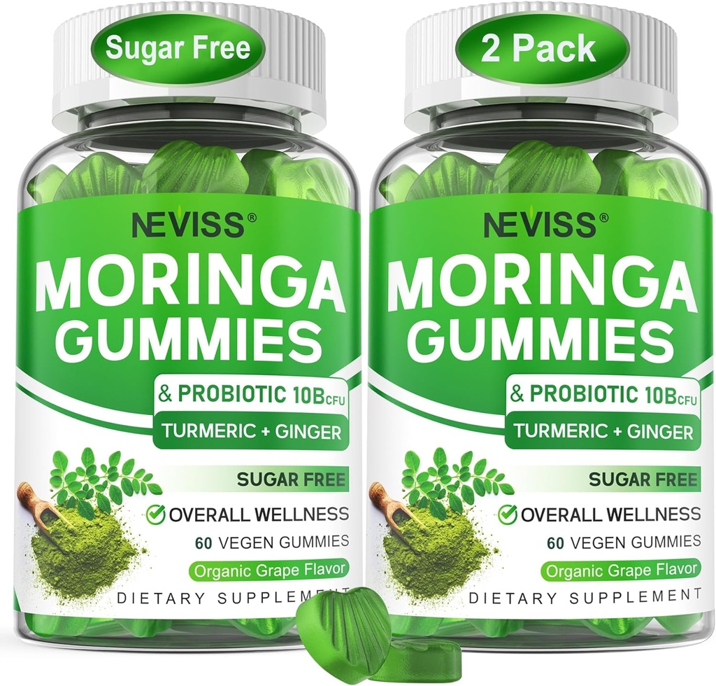 Moringa Gummies για γυναίκες Άνδρες w/Probiotic Turmeric Ginger Ceylon Cinnamon, Sugar Free, Organic Moringa κάψουλες σκόνης εναλλακτικές λύσεις, Pure Moringa Φύλλα Πράσινο συμπλήρωμα superfood - Vegan, 120Cts