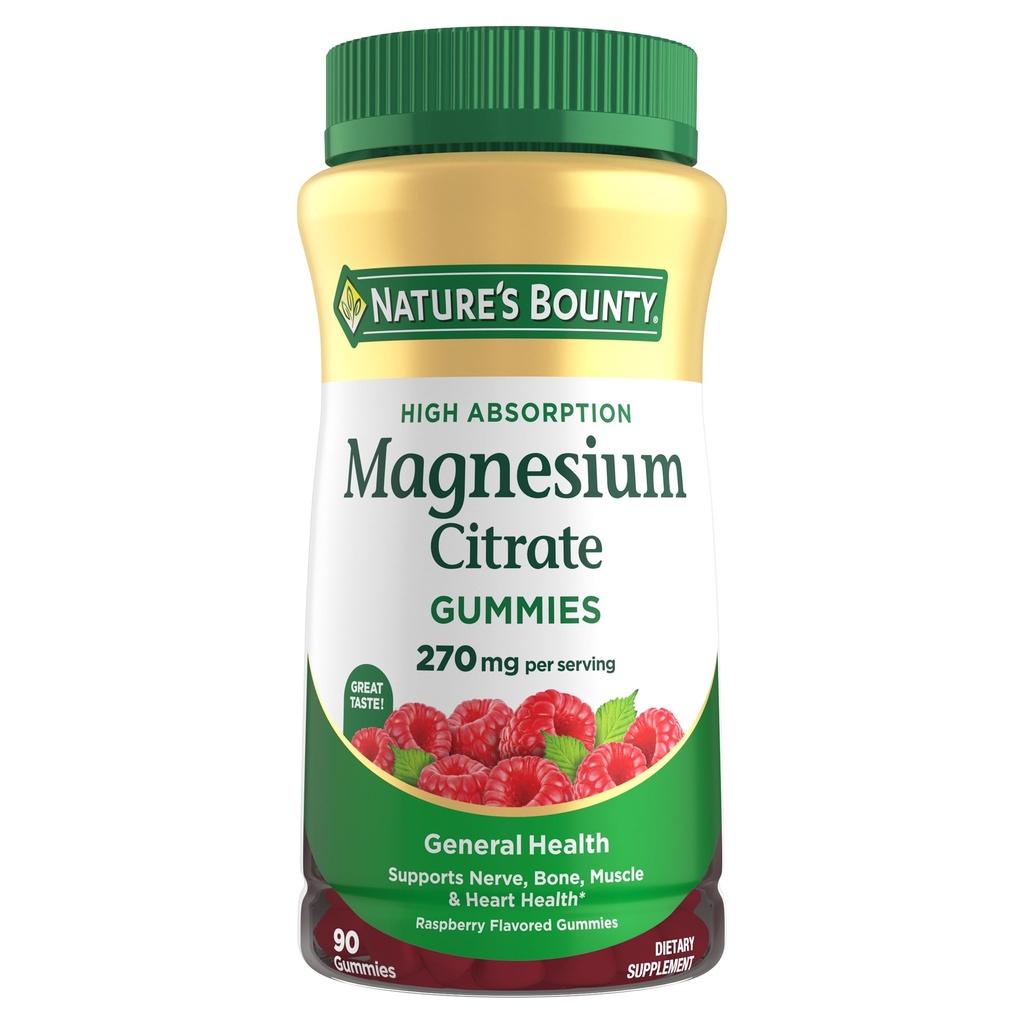 Nature's Bounty Magnezyum Citrate Gummies for Yetişkinler, Supports General Health, Bone, Nerve, Muscle & Heart Health Support, 270 mg per Service, Vegan, Non-GMO - Raspberry 90 Count