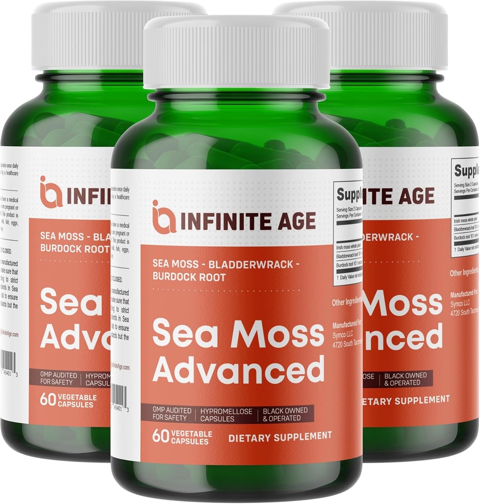 1250 mg Sea Moss Advanced Superfood Capsules, 180 Kont - Yüksek Lisans, Vegan, ABD'de Made in the USA - Irish Seamoss, Bladderwrack, Burdock Root - General Health, Immunity Support