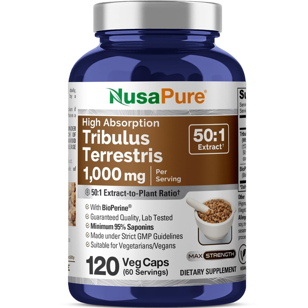 NusaPure Tribulus Terrestris 50:1 Ekstraksiyon, 1000 mg 90 Veggie Caps | 95 Steroidal Saponins | Non-GMO, Bioperine