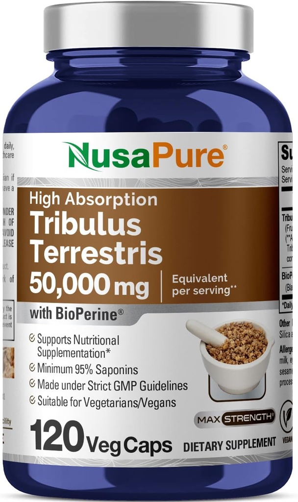 NusaPure Tribulus Terrestris 50:1 Ekstraksiyon, 1000 mg 90 Veggie Caps | 95 Steroidal Saponins | Non-GMO, Bioperine