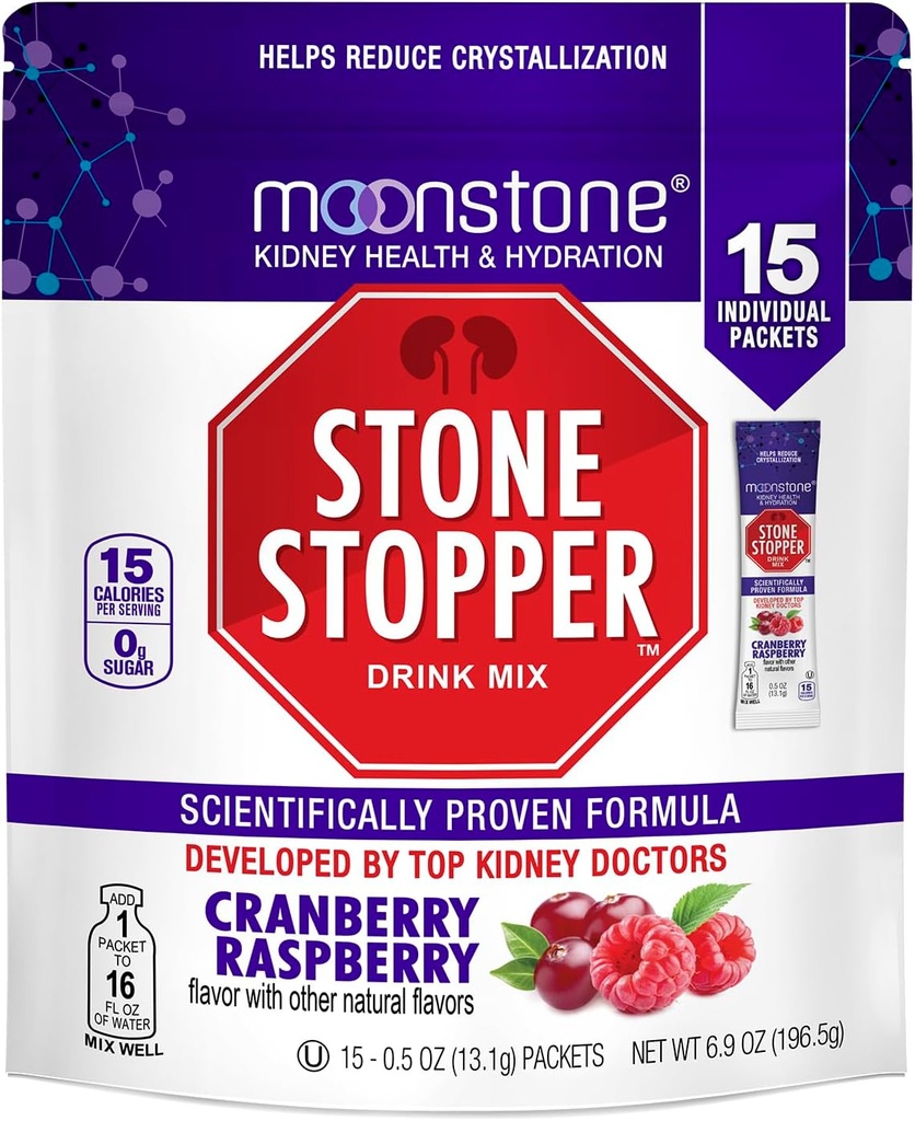 Moonstone Stone Stopper Drink Mix, Cranberry Raspberry, Kidney Stone Prevention, Oxalate Protector, Αναπτύχθηκε από ουρολόγους για τη βελτίωση της ενυδάτωσης και την υποστήριξη της υγείας των νεφρών, 15 ημέρες εφοδιασμού