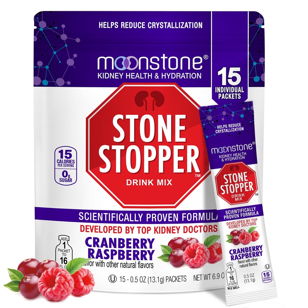 Moonstone Stone Stopper Drink Mix, Cranberry Raspberry, Kidney Stone Prevention, Oxalate Protector, Αναπτύχθηκε από ουρολόγους για τη βελτίωση της ενυδάτωσης και την υποστήριξη της υγείας των νεφρών, 15 ημέρες εφοδιασμού