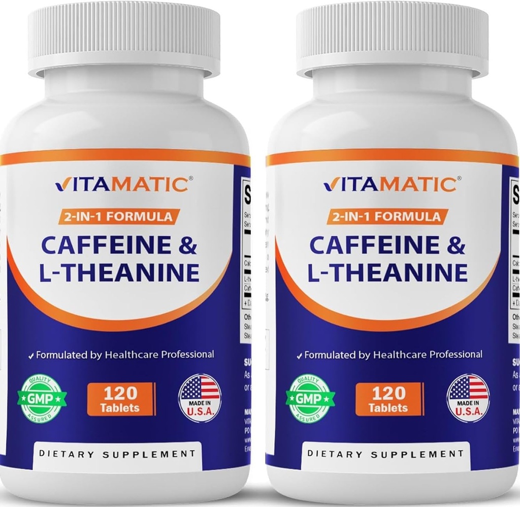 Vitamatic χάπια καφεΐνης με L- Theanine – 300 mg ανά δισκίο – 120 χορτοφαγικά δισκία (Συσκευασία 2, Σύνολο 240 δισκίων)
