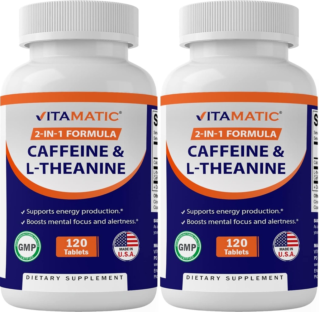 Vitamatic χάπια καφεΐνης με L- Theanine – 300 mg ανά δισκίο – 120 χορτοφαγικά δισκία (Συσκευασία 2, Σύνολο 240 δισκίων)