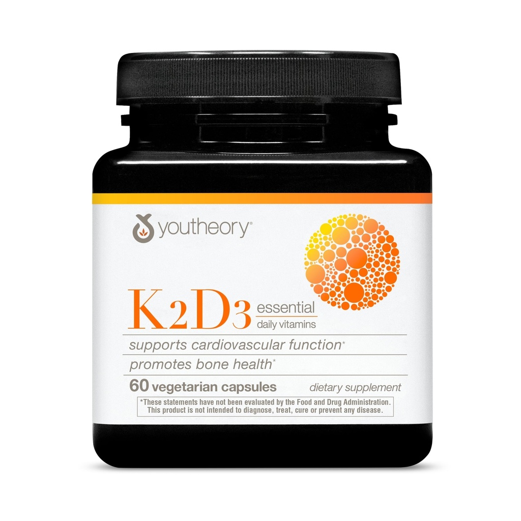 Youtheory K2D3 - Υποστήριξη για την υγεία των οστών και της καρδιάς* - Συνδυάζει βιταμίνη D3 & βιταμίνη K2 - Γαλακτοκομικά, χωρίς σόγια και γλουτένη - 60 κάψουλες χορτοφάγων