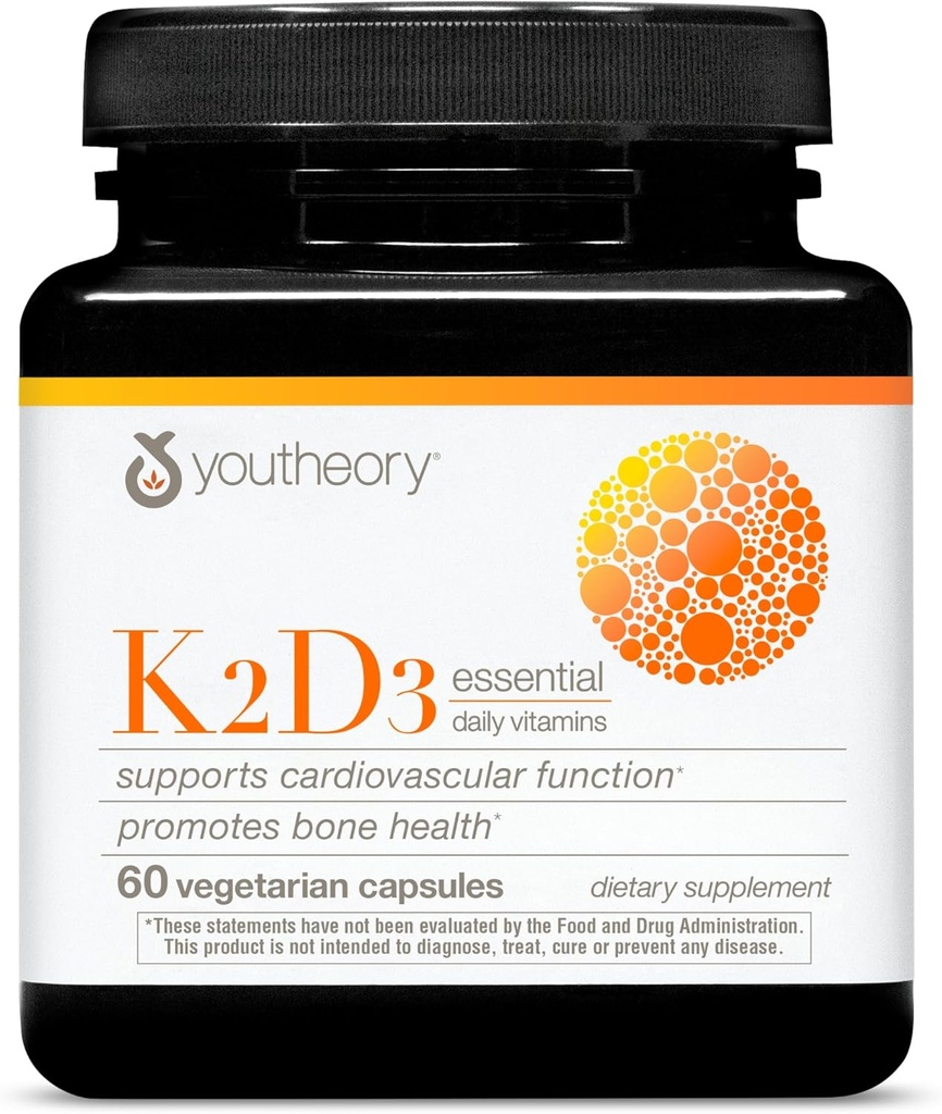 Youtheory K2D3 - Bone & Heart Health Support * - Vitamin D3 & Vitamin K2 - Süt, Soy & Gluten Ücretsiz - 60 Vejetaryen Capsules