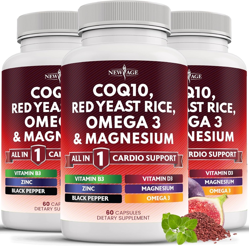 NEW AGE COQ10 200 mg Red Yeast Rice Omega 3-6-9 Magnezyum Kompleksi K2 D3 - B3 Vitamini olan Kadınlar ve Erkekler için Destek Vitaminleri, Coenzyme Q10-180