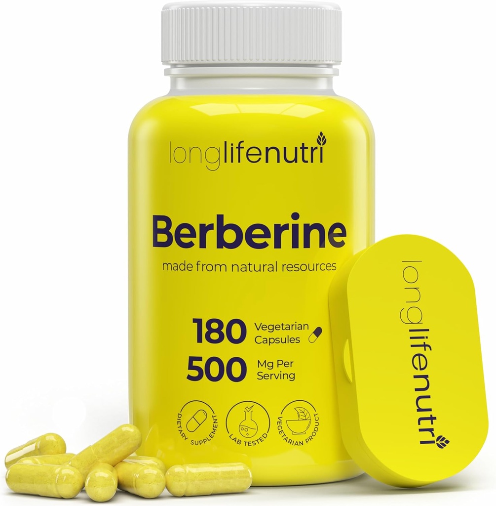 Berberine 500 mg HCL Extract - Berberis Aristata Vulgaris, 180 Vejetaryen Capsules, Digestive Supplement for General Well-Being, 6Month Supply, Non-GMO,1000 mg per Service, GMP sertifikalı, ABD Made