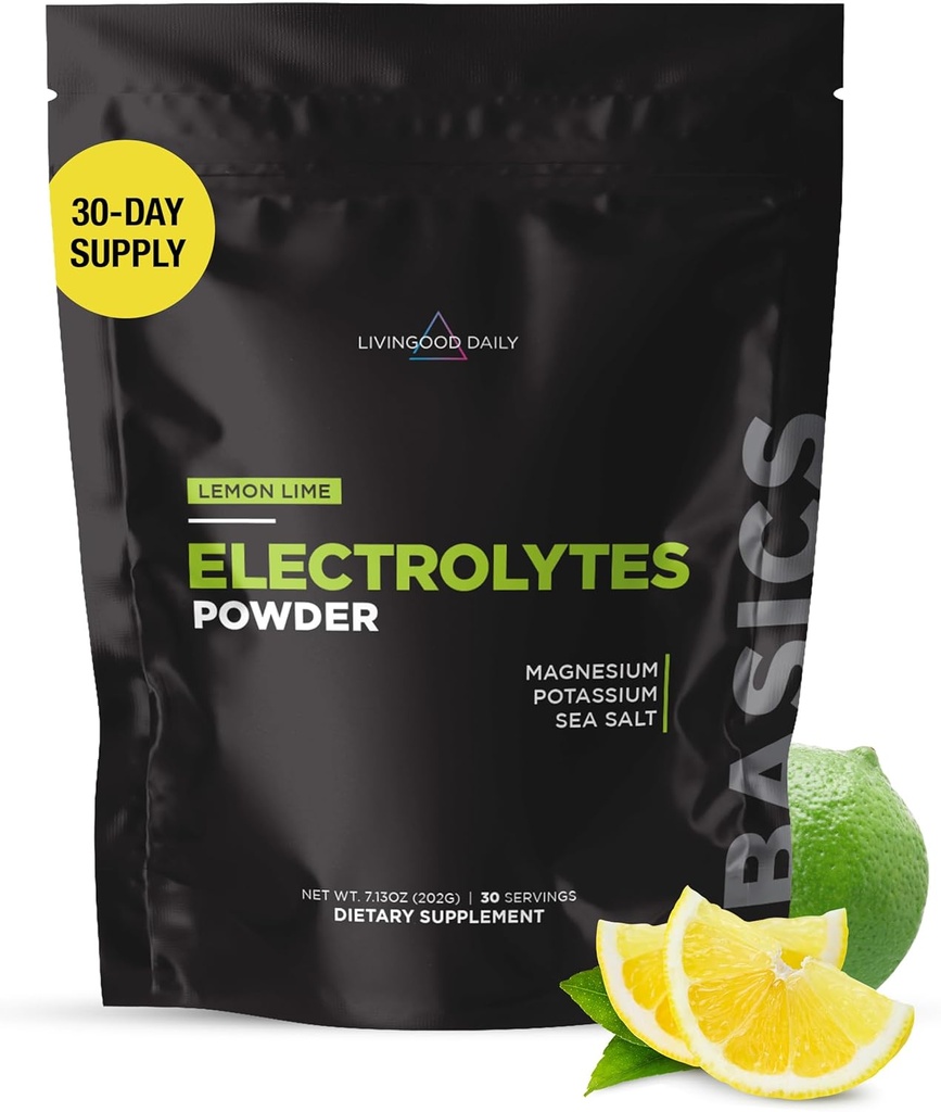 Livingood Daily Electrolytes Powder, Electrolytes Hydration Drink Mix Με Βιταμίνη C, Μαγνήσιο, Αλάτι Ταυρίνης & Θάλασσας, Συμπλήρωμα Ηλεκτρολυτών για Ενέργεια & Ενυδάτωση, Κέτο, Λεμόνι Lime Γεύση, 30 Μερίδες