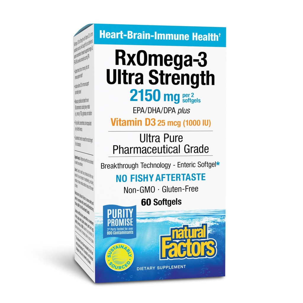 Doğal Faktörler RxOmega-3 Ultra Güçlü - Beyin ve Kalp Sağlığı Desteği için Diyetsel Tamam - EPA & DHA ile Göz Sağlığı Tamam - Omega-3 Fatty Asits - 60 Softgels (30 Hizmet)