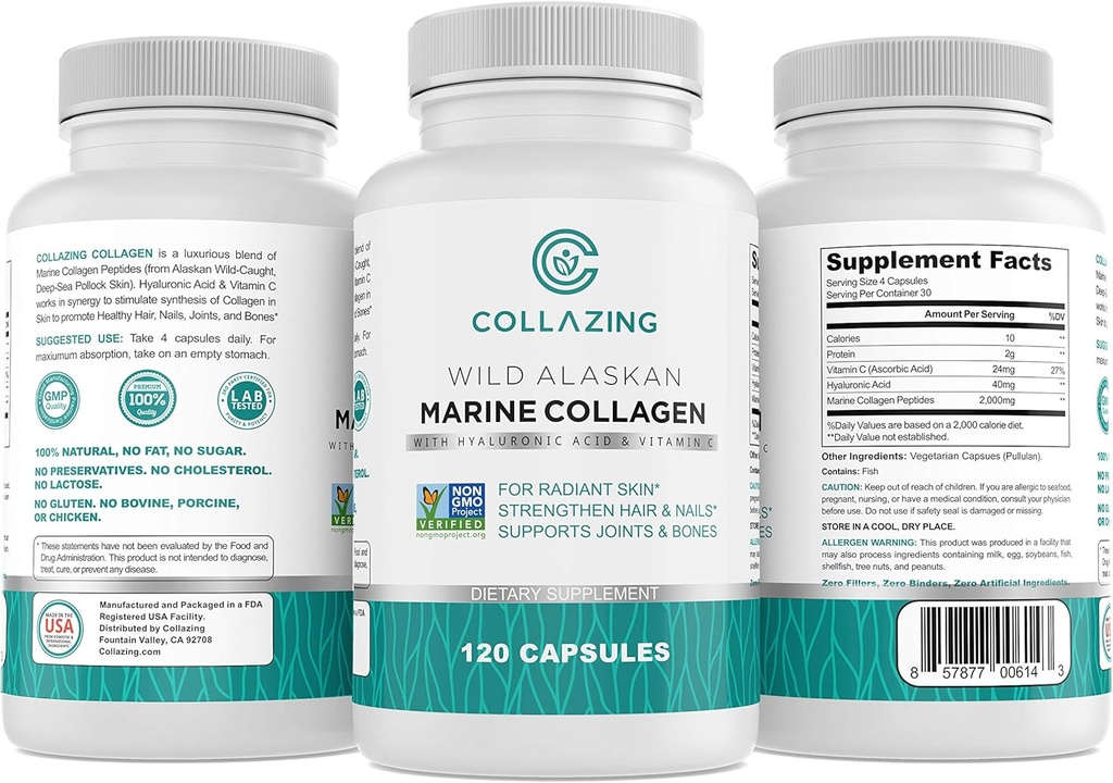 Alaskan Wild-Caught Marine Collagen Peptides with Hyaluronic Acid & Vitamin C - Supports Skin, Hair, Nails, Joints & Bones - Type 1 & 3 Collagen for Women & Men - 120 Toz Capsules