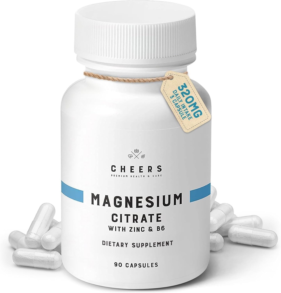 Cheers Magnezyum Citrate 320 mg | Destekler Kas & Nerve Health, Immune Boost & Stres Yardım | Vitamin B6 & çinko | Non-GMO, Vegan, Yapay Malzemeler | 90 Capsules