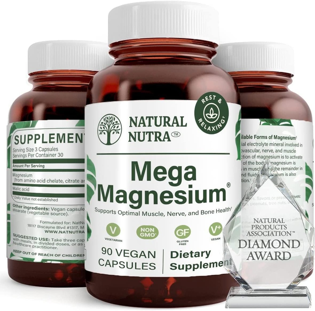 Natural Nutra Mega Magnesium 400mg Supplement - High Absorption Amino Acid Chelate, Citrate, Malate Blend for Muscle Growth, Bone Strength, Heart Health, Nerve Support - 90 Capsules (Pack of 3)