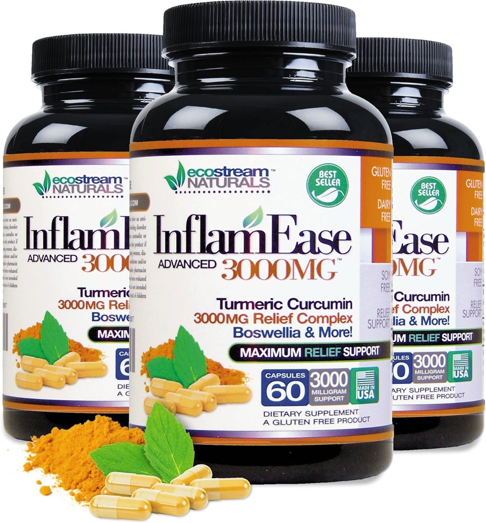 Συσκευασία των 3 - Natural Advanced InflamEase με Turmeric, Κουρκουμίνη, Ένζυμα και Boswellia - Χορτοφαγικά (Packing May Vary)