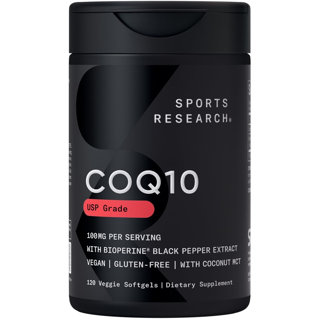 Sports Research CoQ10 (100mg) Enhanced w/Coconut Oil & Bioperine (Black Pepper) for Better Abvortion 
